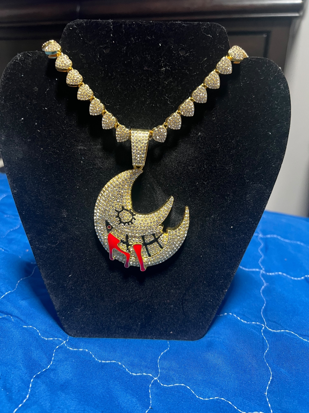 Gold Moon Pendant Necklace with Red Accent - Women Jewelry